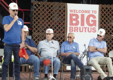 Larry Spahn one of the five pioneer coal miners who worked for P &amp; M during the time Big Brutus was in operation who told the crowd of the mining industry. Those seated were Dave Kimery, Carmon Boccia, Jim Levell and Louis Kalm.
