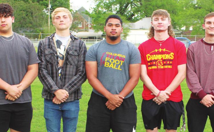 2020-21 Titan Football Seniors were recognized and awards were handed out during the Titan Booster Club Awards Ceremony at Titan Stadium. Mike Thomas, Caleb Murillo, Sylas Stone, Hector Fontanez, Lynn Shallenburger, Landon Proffitt and Raef Gonzalez were present for May 5 event. Gabe Parker not pictured.