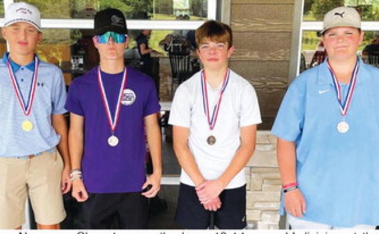 Connor Newman, Chanute, won the boys 13-14 year-old division at the Columbus Junior Golf Tournament, Thursday, Michael Caldwell, Coffeyville placed second, Easton Long, Columbus was third and Gavin Woody, Coffeyville, was fourth. Columbus golfers (not pictured), Kaden Rowe and Alex Welch placed just outside the medals in fifth and sixth place, respectively. The older divisions of the Junior Golf Program will compete in Chanute, Thursday. The younger players will be in Parsons. Courtesy Photo.