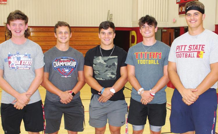 Senior members of the 2021 Columbus Titan Football Team were introduced at the Titan Booster Club’s Meet the Titans Night at the CUHS Gymnasium, Monday. Returning for their final campaign in Titan gear are Nathan Stice, Trent Smith, Gabe Martin, Jaxson Haraughty, and Kody Schalk.