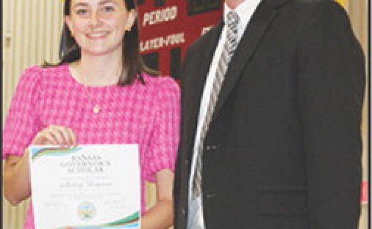Senior, Mallory Thompson, was selected as the Kansas Governor’s Scholar for Unified School District 493 for exemplary academic achievements. The award was presented by Columbus Unified High School Principal, Dan Grundy, during the 2025 Senior Assembly, May 18, at the CUHS Gymnasium.