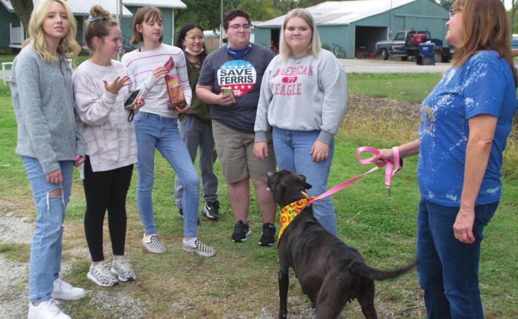 Riverton High School Teacher Margaret Radlund holds a dog by the leash before her FCCLA students, Katie Burge, Karli King, Joanna Lewis, Elizabeth Feldcant, Andy Jones, and Bailee Riggs. The dog is seen wearing a bandana that one of Radlund’s other classes had made for the animals beforehand. Photo by Jacob Spencer.