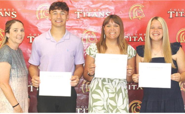 Three seniors were awarded the Callie Henson Scholarship the amount of $500 each from Henson Family friend, Ryan Lacen, during the May 15, Columbus Unified High School Senior Assembly at the high school gym. Jayden Rodriguez, Mackenzie Richards and Morgan Richards were the recipients.