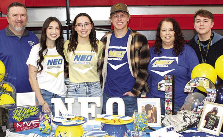 Lady Titan Senior, Torey Tedlock, signed a National Letter Intent to continue her softball career at Northeastern Oklahoma A &amp; M College this fall. She was joined by her family and friends at the signing ceremony, February 21, at the Columbus Unified High School Gymnasium. Shown above with Torey are Corey Tedlock, Presley Tedlock, Cade Saporito, Tiara Tedlock, and Caden Tedlock