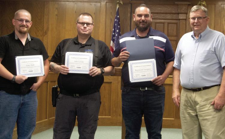 Three Columbus Police officers were recognized by Mayor Grant Spieth at the Columbus City Council meeting Monday night for their actions on October 16, 2020. They include Gary Holt, Arlo Lewke and Raymond Vazquez. Spieth commended the officers for their diligence.