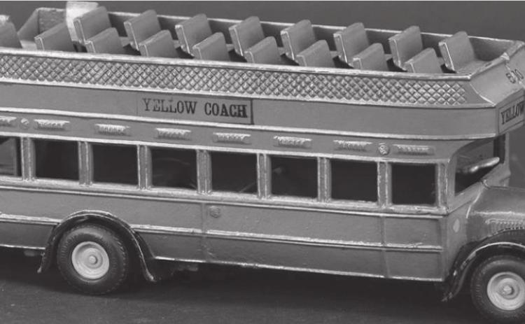 This Yellow Coach bus made by Arcade is 13 inches long and in great condition. It sold for $600 at Bertoia Auctions in 2020.