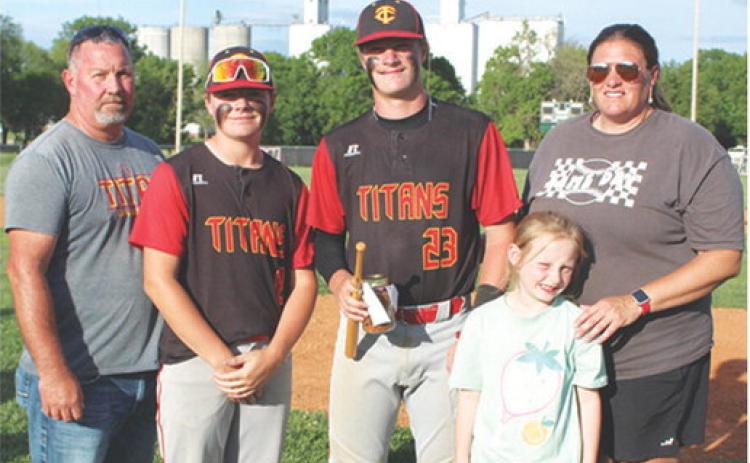 Titan Senior, Jace Midgett, was recognized during Senior Night Ceremonies at Bomber Field in May. Jace is a four-year member of the Titan Baseball Team. He was escorted by his dad, Joey Midgett; brother, Ethan Midgett; mom, Kandi Midgett; and sister, Jasmine Wininger.