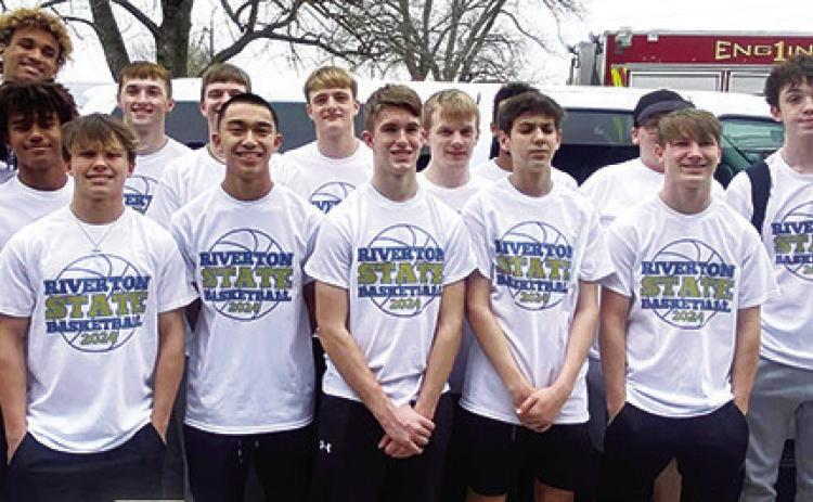 Members of the Riverton Ram Kansas Class 3A Sub-State Champion Basketball Team headed to Hutchinson, Tuesday, for the Kansas Class 3A State Tournament and their quarterfinal match-up with third seeded, Goodland (20-3). Riverton lost their opening round contest, 46-68, Wednesday, in Hutchinson. This was the Rams first trip back to the 3A State Tourney since their 2015 appearance when the eighth ranked Riverton Squad lost to the number one seed, Sabetha, 46-50, in the quarterfinal game. (Courtesy Photo.)