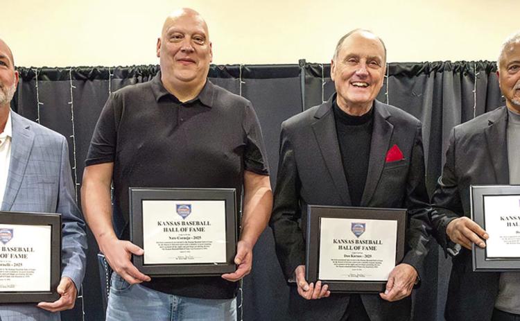 Don Karnes, (third from left) former Baxter Springs coach, was inducted into the Baseball Hall of Fame. Walter Johnson, Fred Clarke and Frank Isbell were also inducted. Courtesy photo.