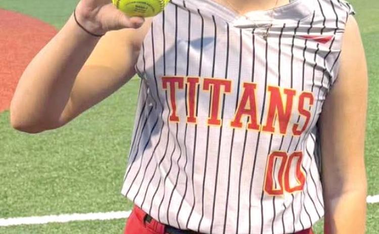 Lady Titan Junior, Landrey Perry, blasted a shot over the outfield fence in the Thursday, non-conference, double header loss in Pittsburg, 1-7 and 2-16. Courtesy photo.