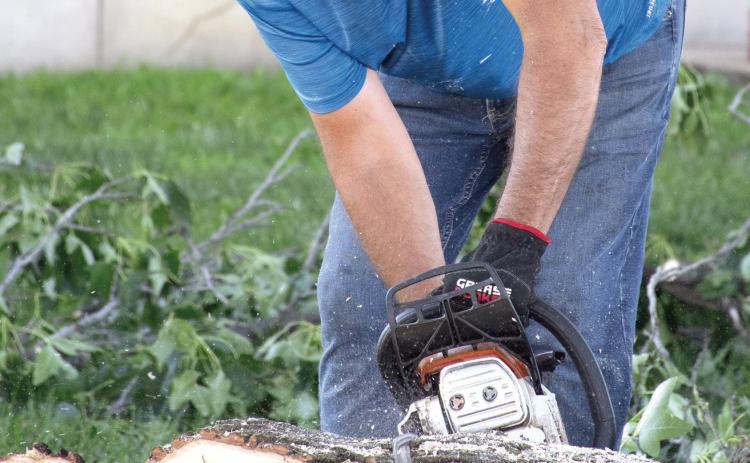 County Facilities Maintenance Director Mike Thomas was busy Monday morning removing debris from the courthouse lawn. The large branch from a sweetgum tree fell during storms that ripped through the county Saturday evening.
