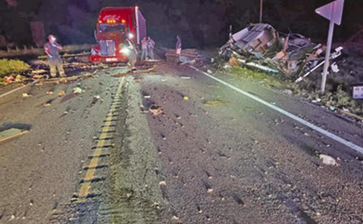 Highway 160 was shut down for some time Sunday due to an accident involving a semi and a truck pulling a camper. Courtesy photo.