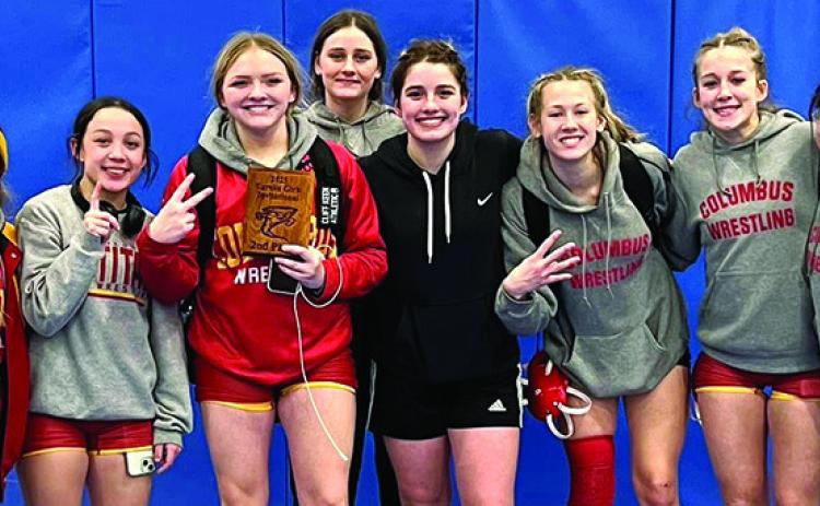 The Columbus Lady Titans placed second in the Fifth Annual Eureka Girls Invitational, Saturday, in Eureka. Amory Neely, Hannah Noel, Emily Britt, Adalynn Hutto, Brooklyn Collingsworth, Cara Altis, Tatum Kirk and Gemma Hidalgo earned 120.5 team points to place second in a field of 26 teams. Sophomore, Hannah Noel, wrestled to a first place win in the 100 pound class earning 30 team points. See full results on page seven of today’s News-Report. Courtesy photo.