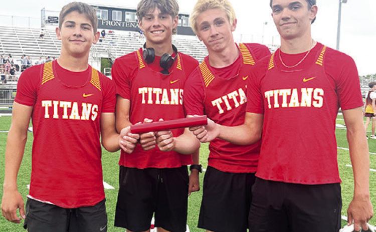 The Columbus Eighth Grade Relay Team of Blaze Bowman, Cord Saporito, Elijah Shoemaker, and Hayden Kellogg completed their junior high career by stamping their names in the record books twice during the final, CCC Junior League Track and Field Meet, April 30, at Frontenac. Courtesy photo.