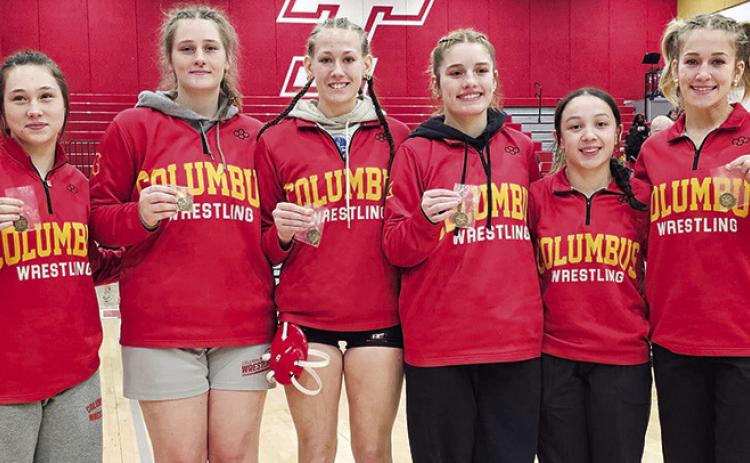 Six Lady Titans Wrestlers punched their tickets to the Kansas Class 4A State Wrestling Tournament with top eight finishes at the Class 4A East Regional Tournament, Saturday. Kayleigh Morgan, 135; Adalynn Hutto, 190; Cara Altis, 125; Brooklyn Collingsworth, 130; Hannah Noel, 105; and Tatum Kirk, 120 will be taking their skills to the mats in Salina, February 27 and 28, at the Tony’s Pizza Event Center. Courtesy photo.