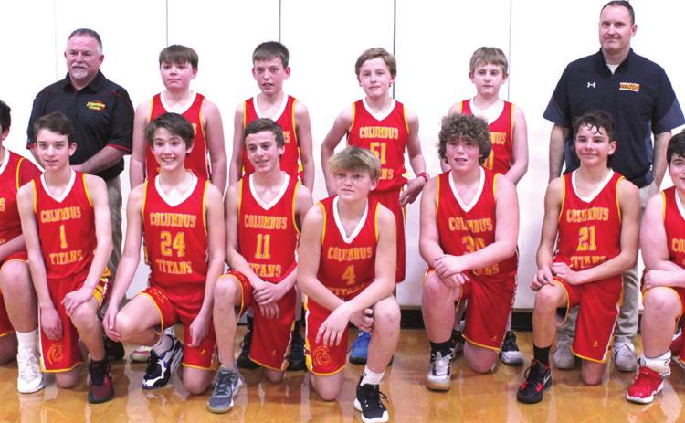 The Central Junior High Titan Seventh Grade Basketball Team placed fifth in the final CCCJL Tournament, Monday in Baxter Springs. The Titans took wins over Galena and Frontenac in the consolation bracket to earn the fifth place distinction. Team members and coaches are front row: Brody Matson, Braxtyn Brown, Kooper Saiz, Levi Simpson, Dane Merrick, Jacob Zook, Drake Laurance, and Cohen Rogers. Back row: Coach Mick Tedlock, Ethan Midgett, Carter Woodcock, Brayden Green, Kolton Delmont, and Coach Aaron Rider.