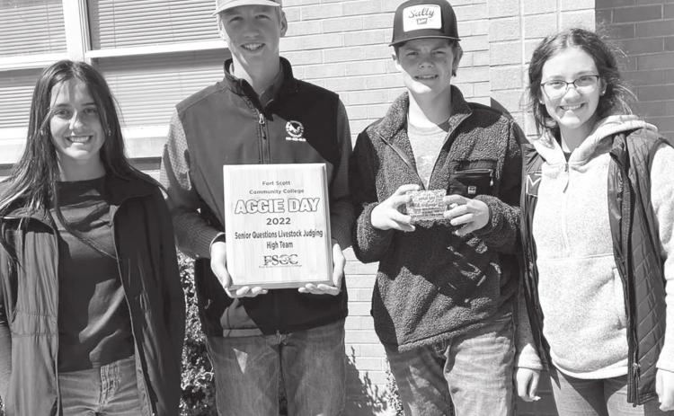 Freshman, Brylie Johnson, sophomore, Cole Youngblood, sophomore, Lucas Hildebrandt and freshman, Katy Mooney placed first at the Fort Scott Community College Aggie Day. Lucas was the high scoring individual. Courtesy Photo.