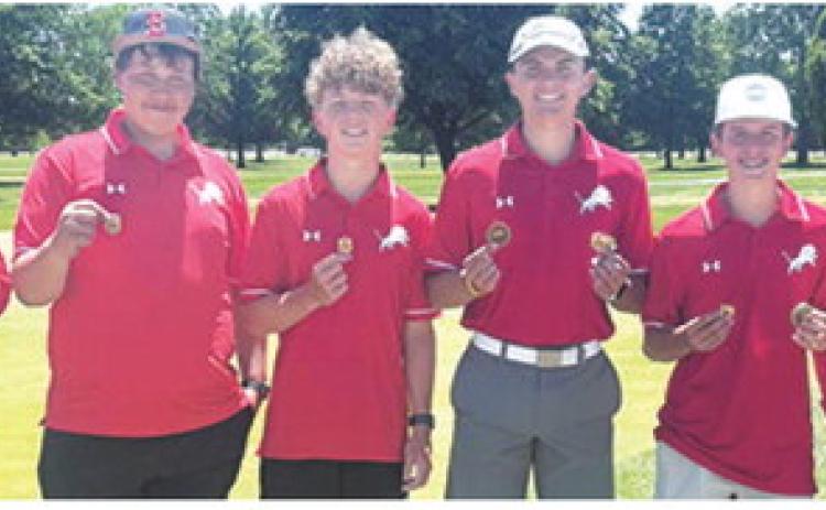 The Baxter Springs Lions Golf Team won the CNC League Tournament finale at the Schifferdecker Golf Course, in Joplin, Mo. Team members are: Nait Roberts, Dason VonMoss, Ethan McCoy, Cole Parrish, Colt McCoy, and Landon Atkinson. The Lions’ four-man total of 331 edged St. Mary’s-Colgan team score of 336. Courtesy photo.