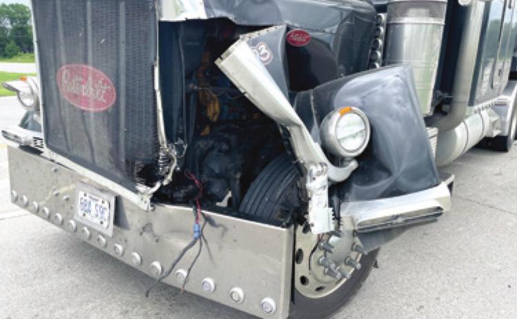 A westbound Peterbilt semi driven by a Seneca, Mo., man did not stop at the K7 and US160 intersection and struck a southbound Ford F250 owned by the Kansas Department of Transportation. This is the second injury accident a this location in a month involving a semi truck. Courtesy photo.