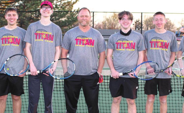 The Columbus Titan Tennis Team took top honors at the Independence Invitational Tournament, Monday. Seniors Tucker Peine and Preston Mullere swept the singles competition to secure the first win in over 20 years for the Titans. Members of the championship team are: Josh Shultz, Mullere, Peine, Coach Eric Napier, Asa Hulvey, Dylan Garrett and Gavin Benedict.