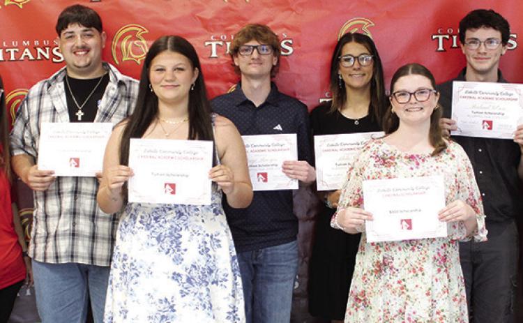 Five Columbus Unified High School Seniors received Tuition Scholarships from Labette Community College during the 2026 Senior Assembly, May 15, at the CUHS Gymnasium. LCC Representatives Elizabeth Kitterman and Mia Howard presented the scholarship certificates to Skyler Saporito, Gauge Buergin, Adalie Grafel, Broland Gibson,and Aubrie Wilson. Kemper Dobkins received a $300 LCC Cardinal Scholarship.