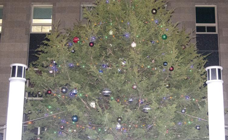 The courthouse Christmas Tree lights were turned on Wednesday evening just before the parade. It was donated this year by Betty White and lights were installed by Cody Burton. According to Betty the tree was planted in the early 1960’s by her two sons Michael and John Edd and their father John L. White. It eventually blocked the view of the entrance of their drive. For her having the Lions use it is an honor and memory of her sons. News Report photo by Shawn Churchill.