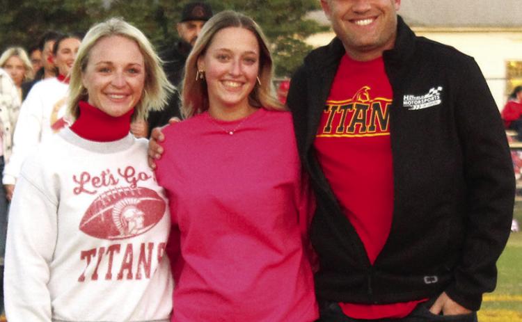 Lady Titan Senior, Lia Dufraisse, was recognized on Senior Night at Titan Stadium, October 13. Lia was manager for the Lady Titan Volleyball Team for one year. She was escorted by her host parents, Bailie and Jacob Saiz. Her parents are Oliver Dufraisse and Sylvaine Ebely.