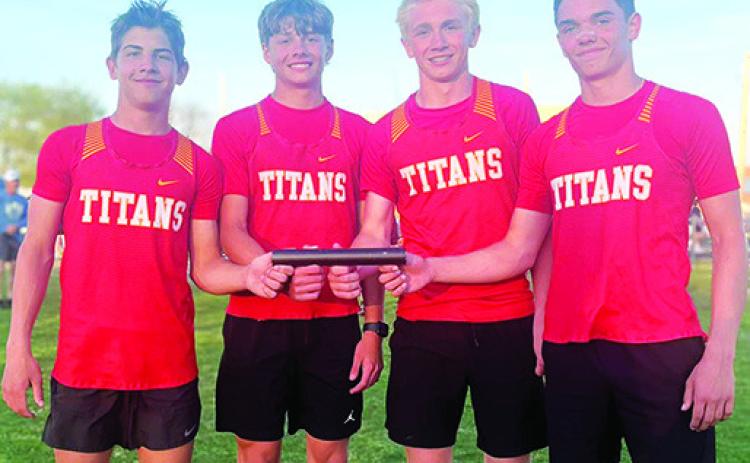 The Titan Eighth Grade Boys set a new mark of 4:00.49 minutes, in the 4x400 Meter Relay, improving on the record, 4:01.3 minutes, they set last week at the Galena Invitational Meet. The team has three meets remaining before the CCCJ League Meet, April 28 to continue to improve on their time. Courtesy photo.