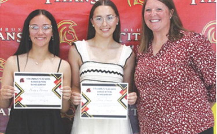 Katy Mooney and Torey Tedlock each received a $300 Columbus Teacher’s Association Scholarship during the 2025 Senior Assembly at the Columbus Unified High School Gymnasium, May 16. Incoming CUHS Principal, Anna Moser presented the scholarships.