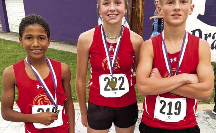 Medalists in the Pittsburg Middle School Cross Country Race, Tuesday were: Kai Davis, second place, seventh grade boys; Sammi Ohmart, fifth place, eighth grade girls; and Eli Engelman, seventh place, eighth grade boys. Courtesy photo.