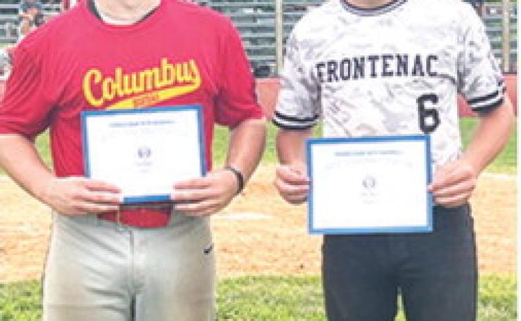 Kash Smith, Columbus, and Nolan Stipp, Frontenac, were chosen as Most Valuable Players for their respective teams in the Kansas Babe Ruth District 5 East 13-16 year-old Tournament, July 12, in Columbus. Frontenac eliminated the Columbus team with a 12-2 win in the loser bracket game. Courtesy photo.