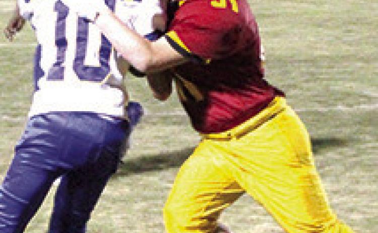 Christian Ellison, pushes the Parsons ball carrier out of bounds in the Central Junior High Seventh Grade game against Parsons, September 22. Columbus will host Girard, Thursday, at Titan Stadium.