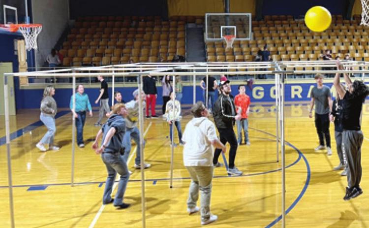 Students attending the Courts of Faith event in Riverton play a game of nine Square before the message. The event was held in Riverton. Photo by Dee Riley.
