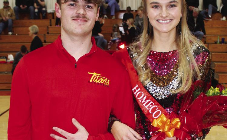 Senior, Maddie Buergin, was crowned the Columbus Unified High School 2023 Winter Homecoming Queen at the coronation ceremony, Friday, during halftime of the Titan Varsity win over Frontenac, 63-61. Maddie, a member of the Lady Titan Basketball Team, was escorted by Titan Basketball Senior, Jaspen Tanner.