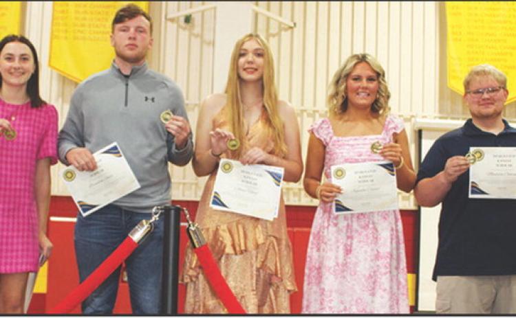 Seniors, Mallory Thompson, Brandon Stice, Anna Head, Kenadie Carter, and Maddox Ochsner were named to the Crawford-Neosho-Cherokee (CNC) League All-Academic Team during the Columbus Unified High School 2025 Senior Assembly, May 18, at the CUHS Gymnasium. The awards were presented by High School Principal, Dan Grundy.