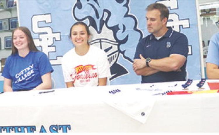 Lady Lancer Seniors, Teagan Warner and Eliz White have committed to continue their athletic careers at the college level next season. Teagan will be playing softball at Cottey College and Eliz is heading to Pittsburg State University for track and cross country. The girls were joined by their parents at a signing ceremony, April 22, at Southeast High School. Kaley Warner, Teagan, Eliz, John White, and Maya White.