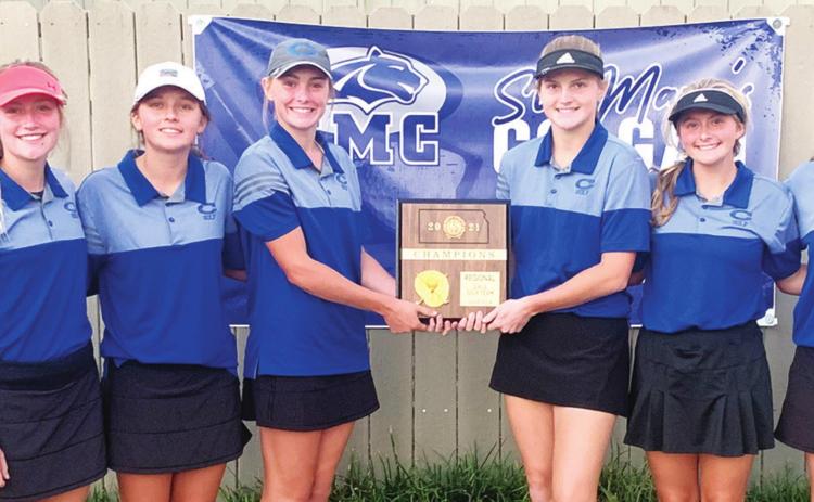 The St. Mary’s-Colgan Lady Panthers, set the stage for a repeat of their state title with their Kansas Class 3-2-1A Regional Championship win, Monday, at the Crestwood Country Club in Pittsburg. The team is coached by first-year head coach, Kim Scripsick and assistant coach, Wes Leach. Team members are: Ali Scripsick, junior; Greta Ison, junior; Audrey Goetting, junior; Zoey Smith, junior; Molly Swezey, freshman; and Ava Scripsick, freshman. Courtesy Photo.