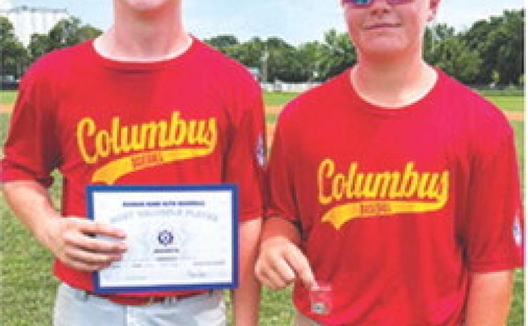 Isaiah Williams was named the Most Valuable Player and Ethan Midgett received the WOW Award for the Columbus Babe Ruth 13-16 year-old Team during the Game 3 loss to Arma, 4-5, in their second game of the Kansas Babe Ruth District 5 East 13-16 year-old Tournament, July 12, in Columbus.