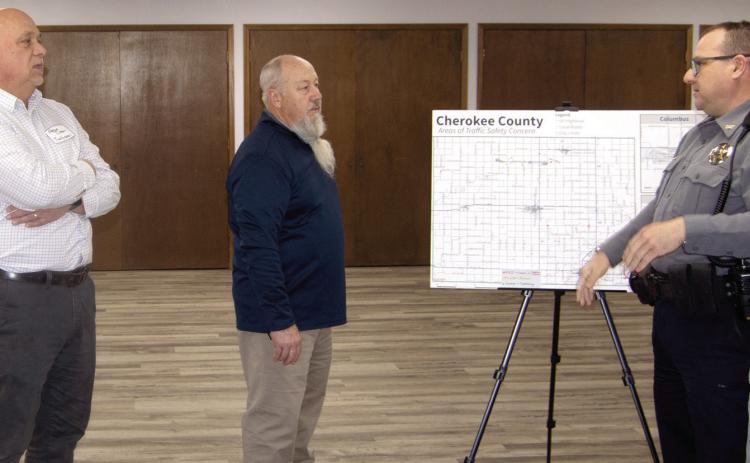 A public open house to discuss safe streets for all was held Thursday afternoon in the Extension Office meeting room. The meeting was held to gain information on the most dangerous place to drive in the county. Shawn Turner, with Trans-Systems, is discussing those areas with Cherokee County Sheriff Brian Henderson.
