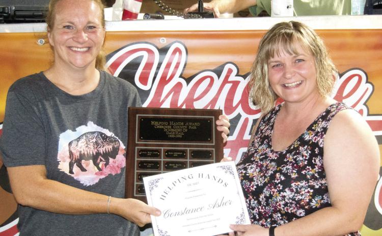 The 2023 Dale Hall Helping Hand Award was presented to Constance Asher recognizing her going the extra mile for the Cherokee County Fair. Serving on the Extension Board and personally increasing the poultry project through her leadership. The traveling plaque was presented by Crystal Alford.