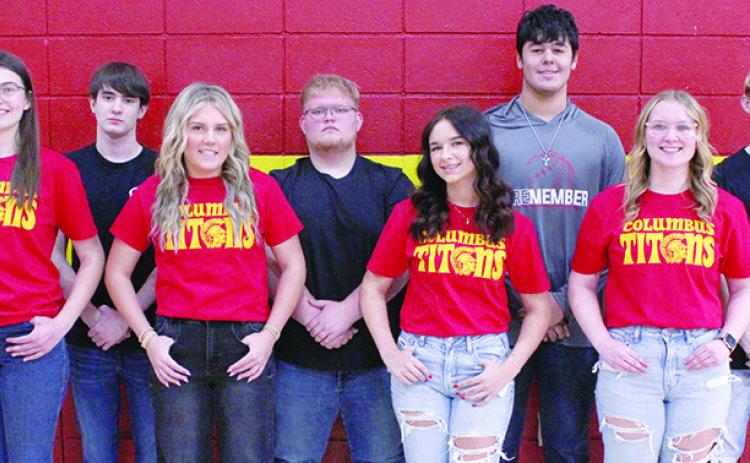 Members of the Columbus Unified High School Senior Class have been named to the 2025 Winter Homecoming Court. Queen candidates on the front row are: Casey Dietz, Kenadie Carter, Allison Burns, and Chloe Rogers. Senior escorts for the candidates are: Lydon Lovesee, Maddox Ochsner, Rece Ponce, and Korbyn Newberry. The 2025 queen will be crowned during ceremonies at the CUHS home basketball game, Friday, at half time of the boys varsity game against Frontenac at the high school gymnasium..