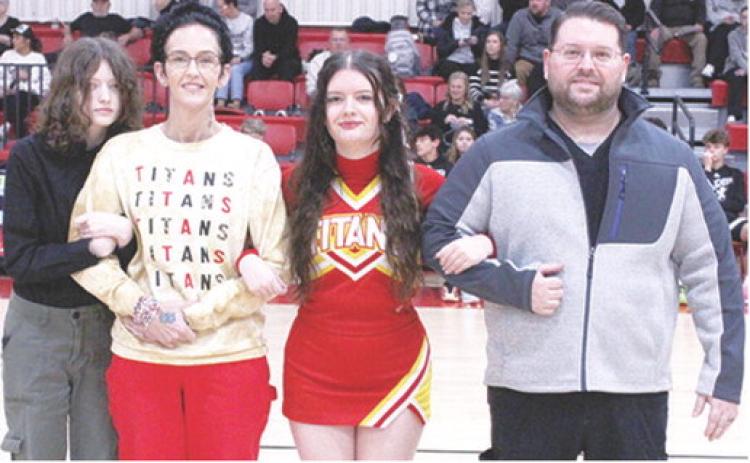 Lady Titan Senior, Jacianna Heflin, was recognized during Senior Night at the Titans home game against Frontenac, February 23, at the CUHS Gymnasium. Jacianna is a one-year member of the Titan Cheer Squad. She was escorted by her parents, Malinda and Jason Heflin and sister, Jocelynn Heflin.