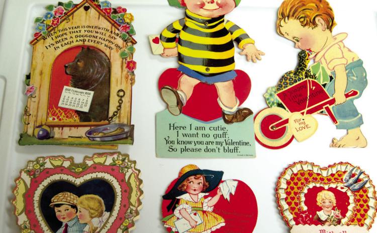 Valentine cards have an interesting history. The earliest known card was sent by the Duke of Orleans to his wife in 1415. He was a prisoner in the Tower of London at the time. While these cards are not quite that old, they are antique and can be seen at the Columbus Museum. The cards in the bottom right photo are 3-D and made with tissue paper.