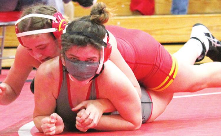 Lady Titan Senior, Dixee Lacen, wrestles in the Burlington Girls Total Team Tournament, Saturday. Lacen and the other Titan Senior Wrestlers will be recognized on Senior Night, Friday at the CUHS Gymnasium. Courtesy photo.