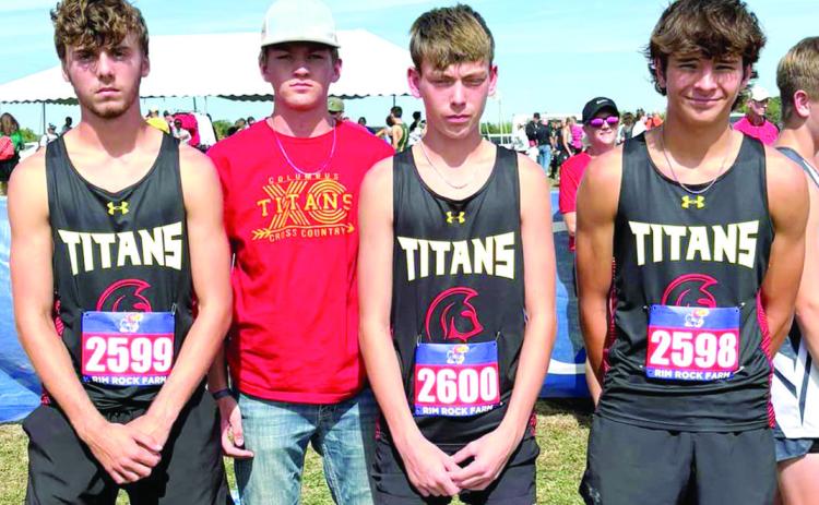 Columbus Titan Cross Country Runners, Levi Simpson, Dane Merrick, Carter Woodcock, and Drake Laurance made the trip to Lawrence, Saturday for the Rim Rock Farm 5K Classic. While Merrick accompanied his teammates, he did not compete in this race. Courtesy photo.