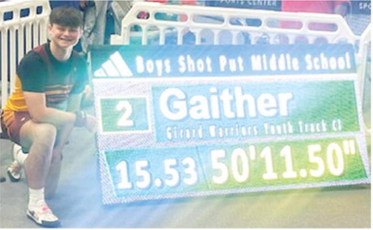 Columbus Junior High Eighth Grader, Jace Gaither, placed second in the shot put event at the Adidas Indoor Track and Field National Meet, March 21, in Virginia Beach, Virginia. Courtesy photo.