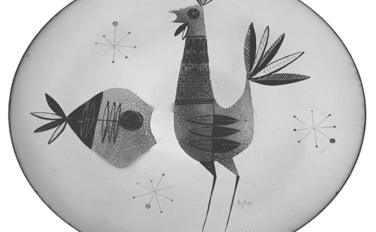 This large, enameled copper plate is decorated with a stylized rooster, fish and three star-like designs. The back is textured enamel with the mark “Karamu OH Hykes.”
