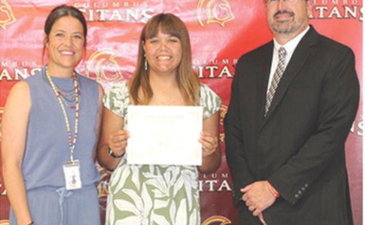 Mackenzie Richards was the recipient of the Columbus Cares Scholarship in the amount of $500 during the Senior Assembly, May 15, at the Columbus Unified High School Gymnasium. CACF Board Member, Kelly Walters and USD 493 Superintendent Dan Grundy presented the awards.