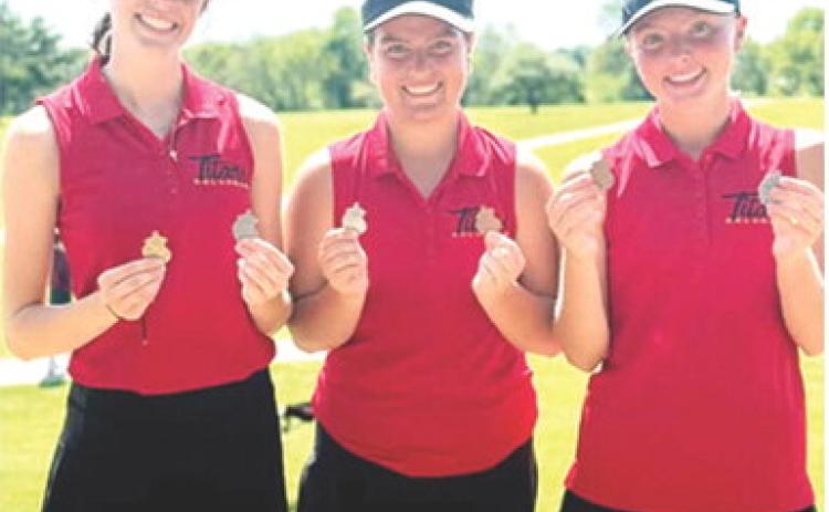 Lady Titan Natalie Wary was the top medalist in the Girard Invitational, Thursday, at the Crawford Hills Golf Course. Fallon Smiley, sophomore, placed fifth, and sophomore, Cali Carpino, to earn individual medals. The Lady Titans placed second in the team standings, two strikes behind St. Mary’s-Colgan, 180 vs. 178. Courtesy photo.