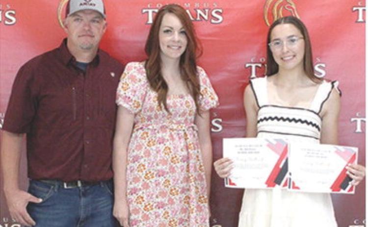 Torey Tedlock received the Athena McColm Memorial and the Charles McColm Memorial Scholarships in the amount of $500 each during the 2025 Senior Assembly at the Columbus Unified High School Gymnasium, May 16. Jake and Jessie Cain presented the awards.